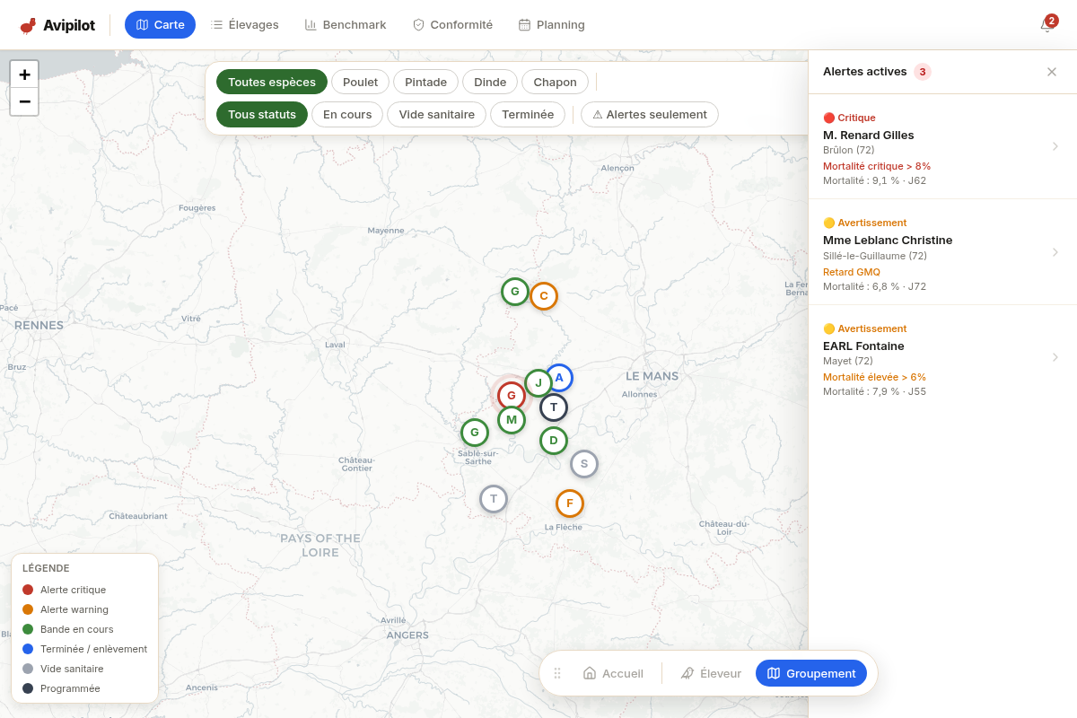 Carte des élevages et alertes actives