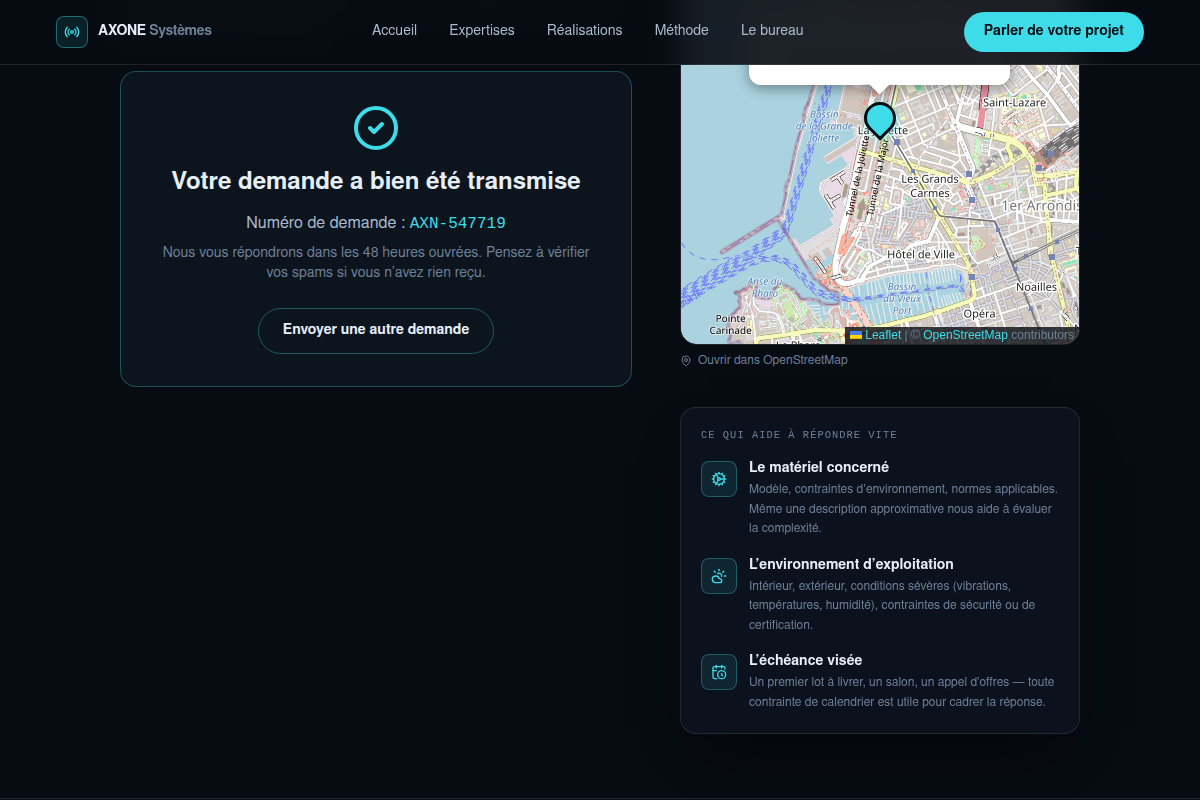 Confirmation d'envoi avec numéro de demande