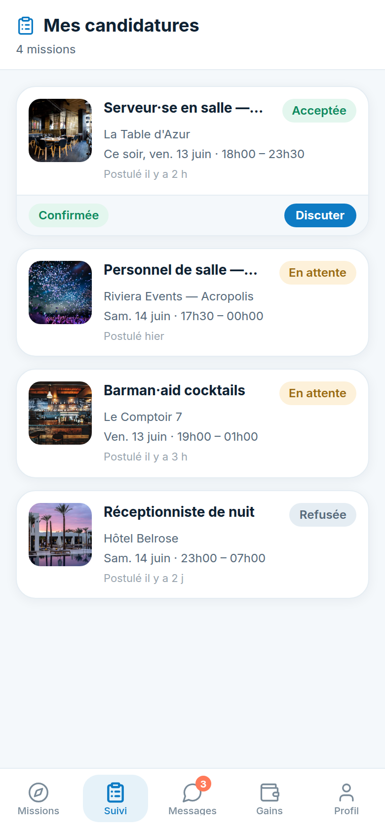 Suivi des candidatures et statuts en temps réel
