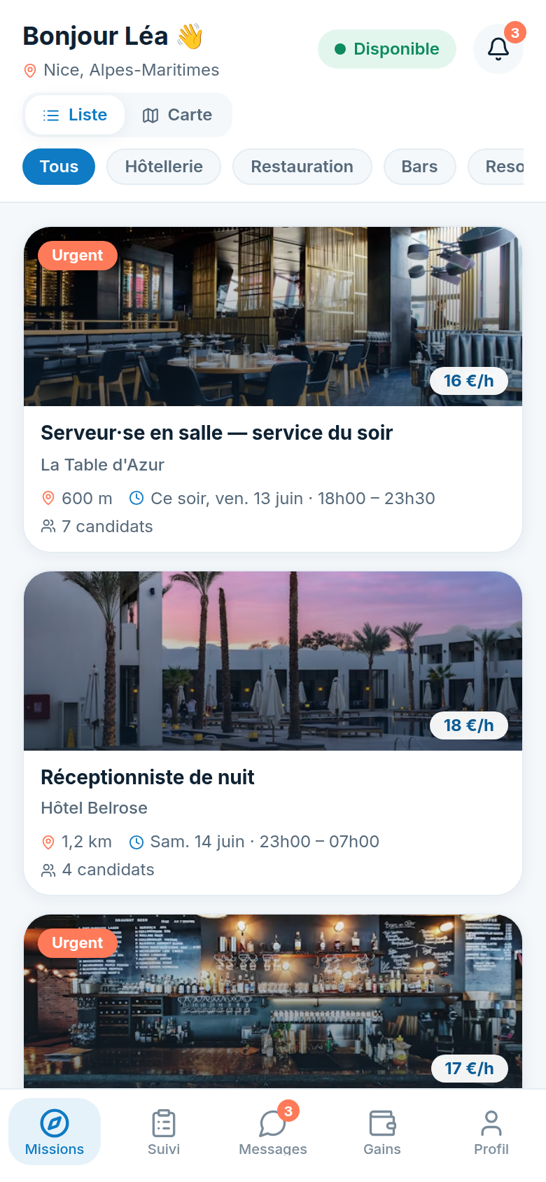 Feed de missions géolocalisées près de Nice