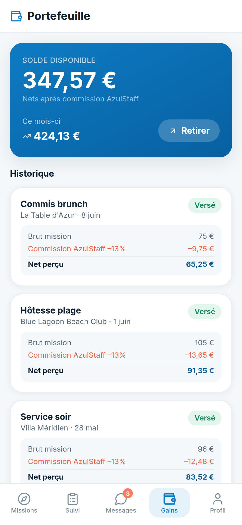 Portefeuille : brut, commission 13% et net perçu