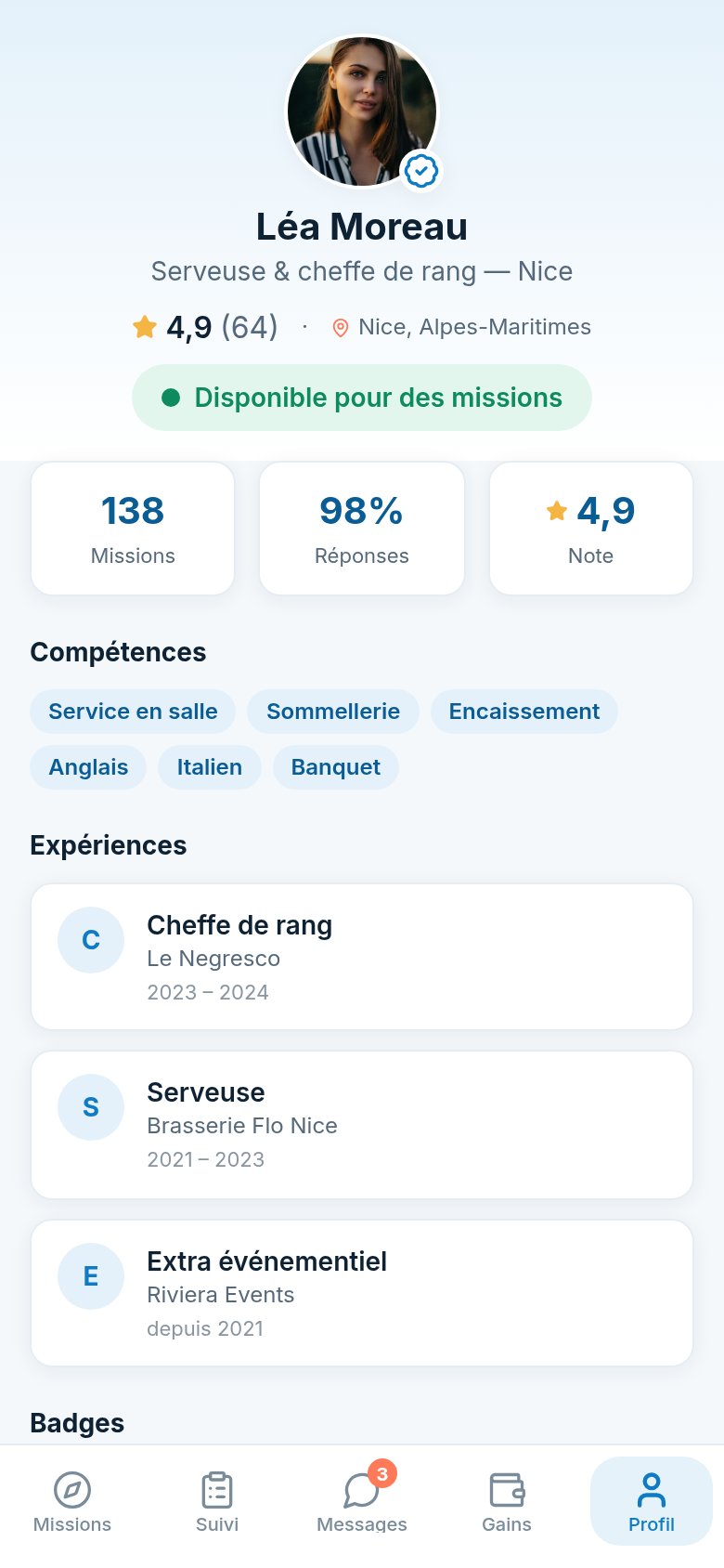 Profil talent vérifié, noté 4,9 sur 5
