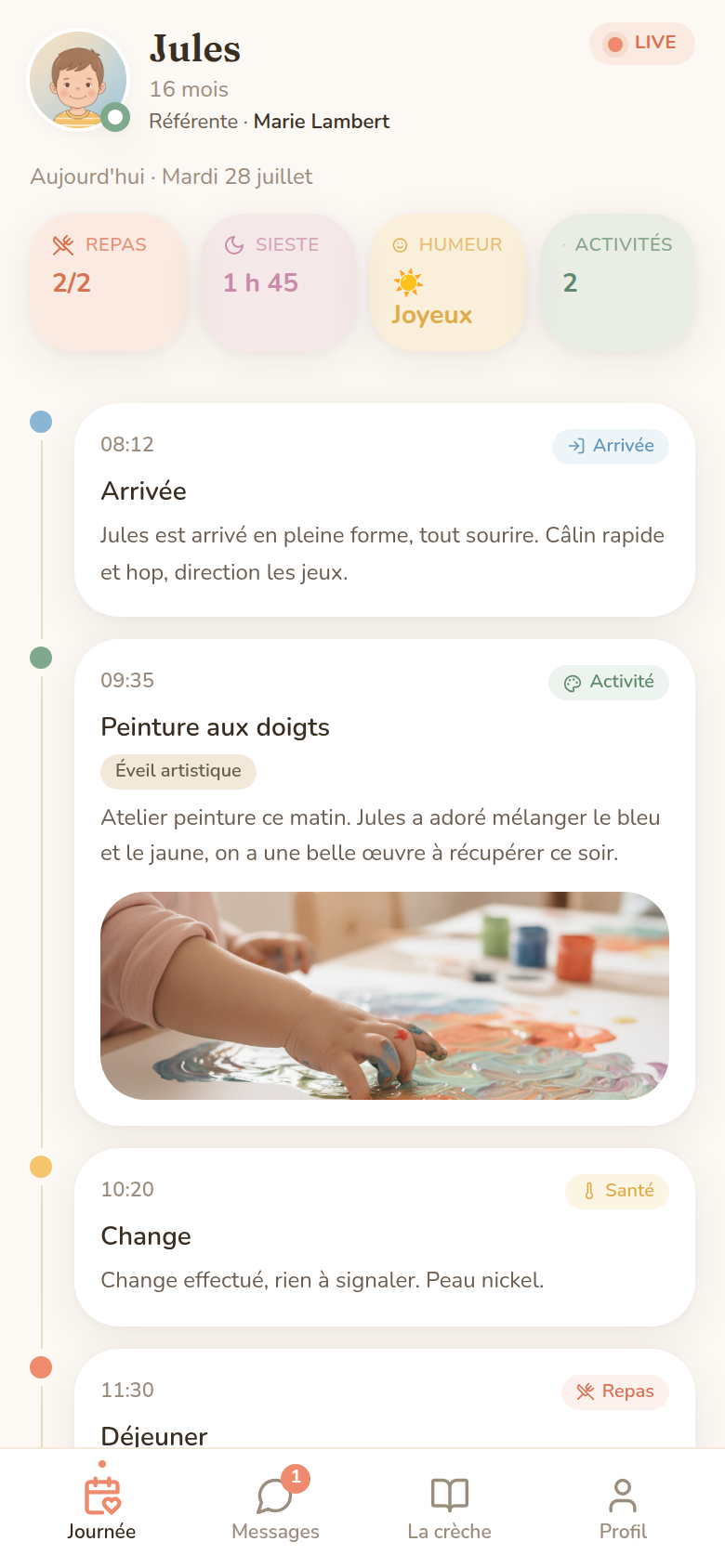 Journée en direct : repas, siestes, activités, santé