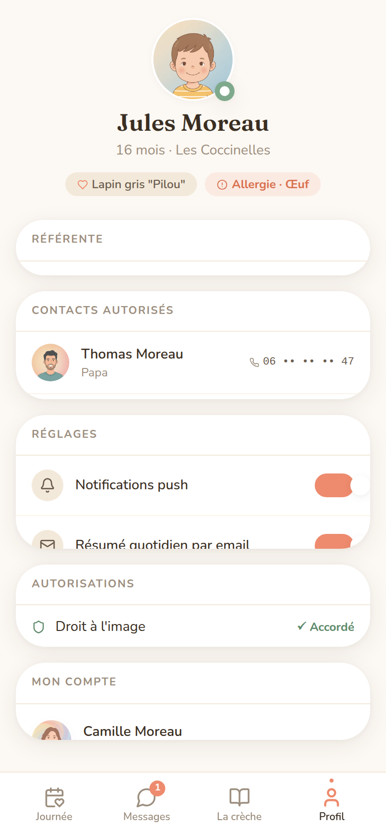 Profil enfant : allergies, référente, autorisations