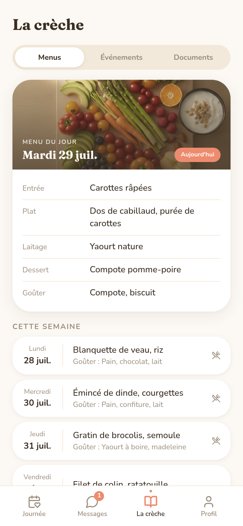 Menus, planning et documents de la crèche