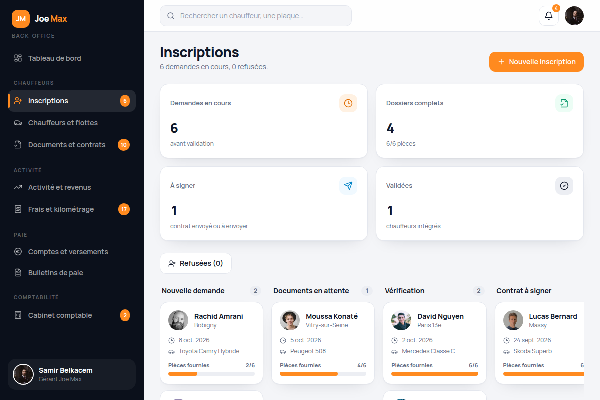 Kanban des candidatures chauffeurs par étape
