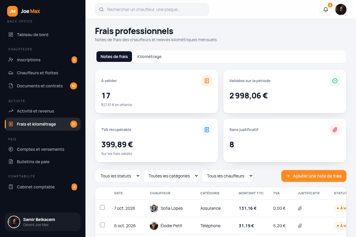 Validation des notes de frais chauffeurs