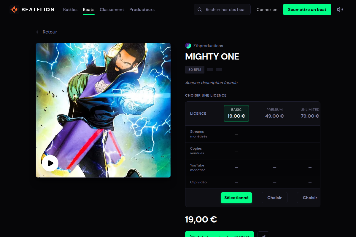 Fiche beat avec player audio et options de licence