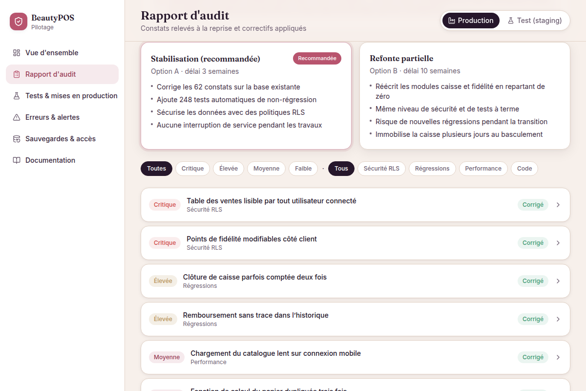 Rapport d'audit : options et constats par sévérité