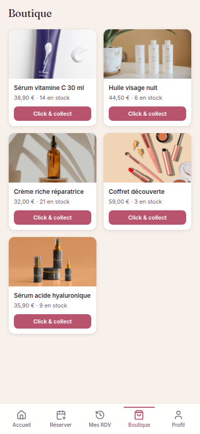 Boutique : soins à retirer en institut, stock affiché