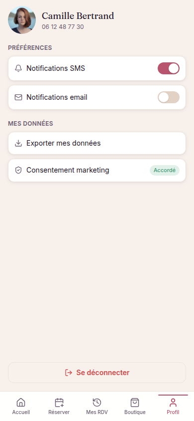Profil : notifications, export et consentement RGPD