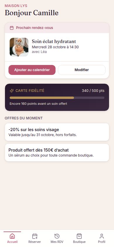 Accueil : prochain RDV, carte fidélité et offres