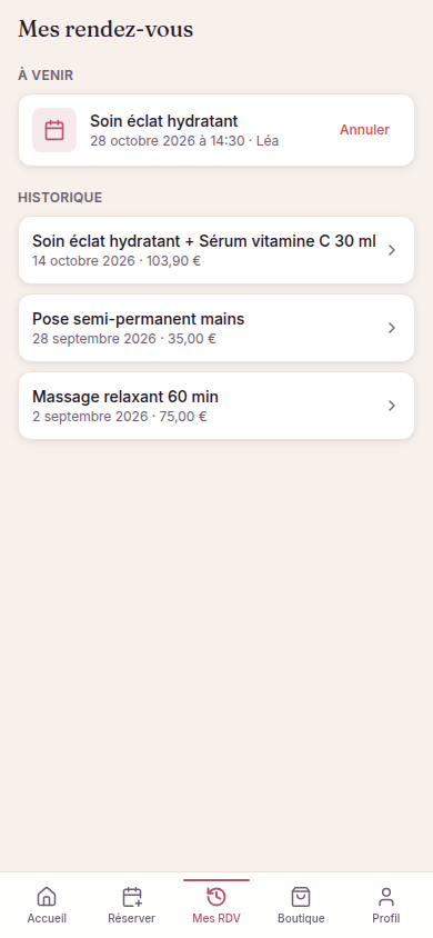 Rendez-vous à venir et historique des visites