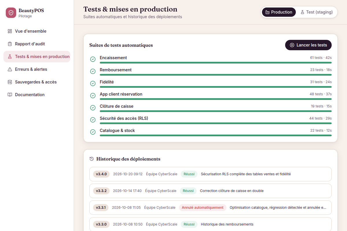 248 tests au vert et historique des déploiements
