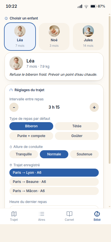 Profil bébé et réglages du trajet