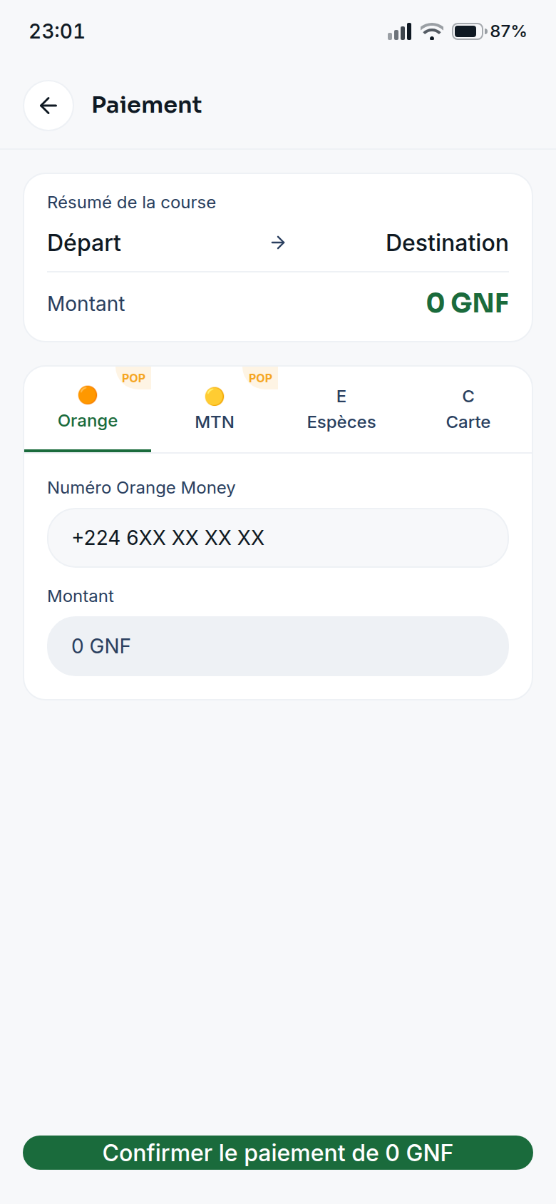 Paiement mobile money ou espèces