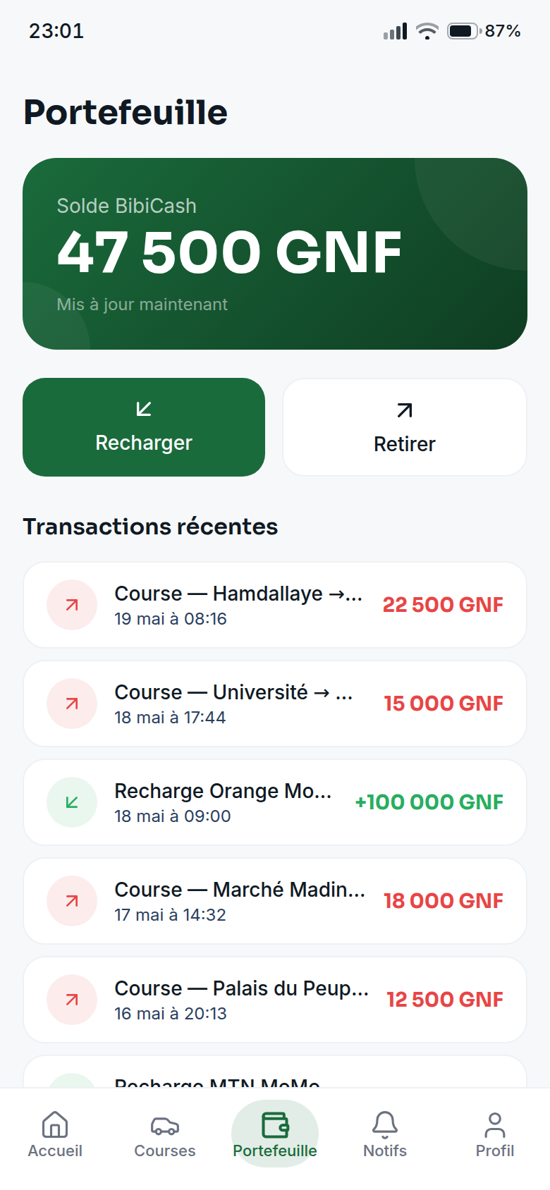 Portefeuille BibiCash et recharges