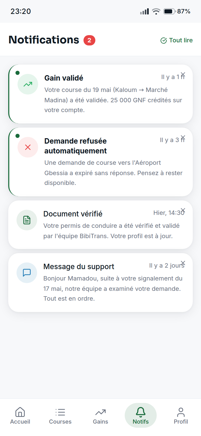 Notifications du chauffeur