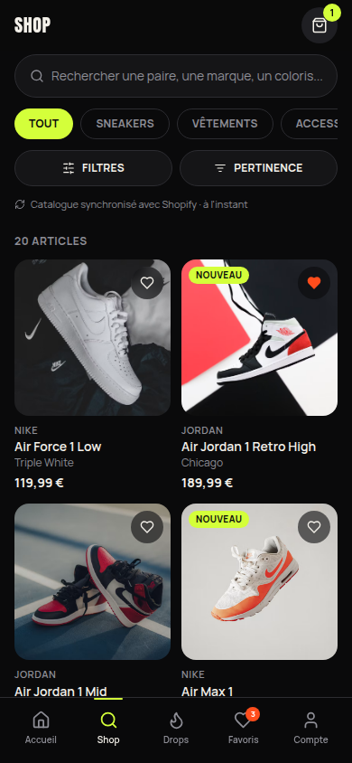 Catalogue : recherche, catégories, grille produits