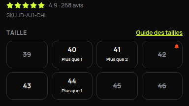 Pointures en rupture avec alerte de retour