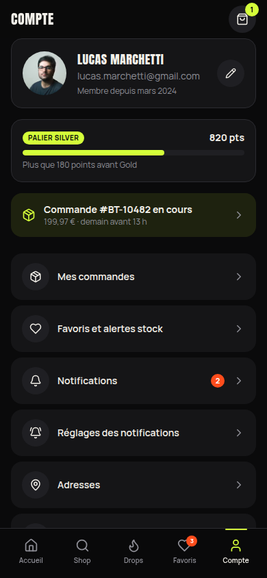 Compte : profil et palier fidélité