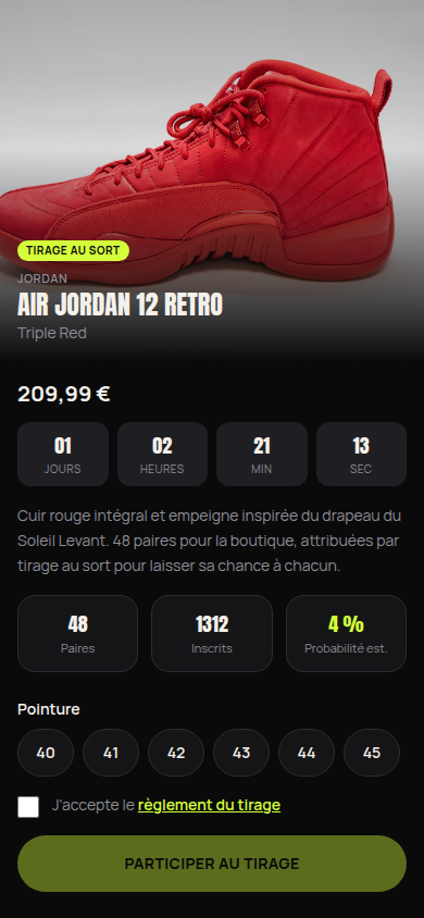 Fiche drop : countdown et probabilité du tirage