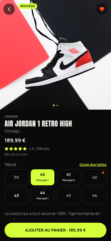 Fiche produit : pointures et stock en direct