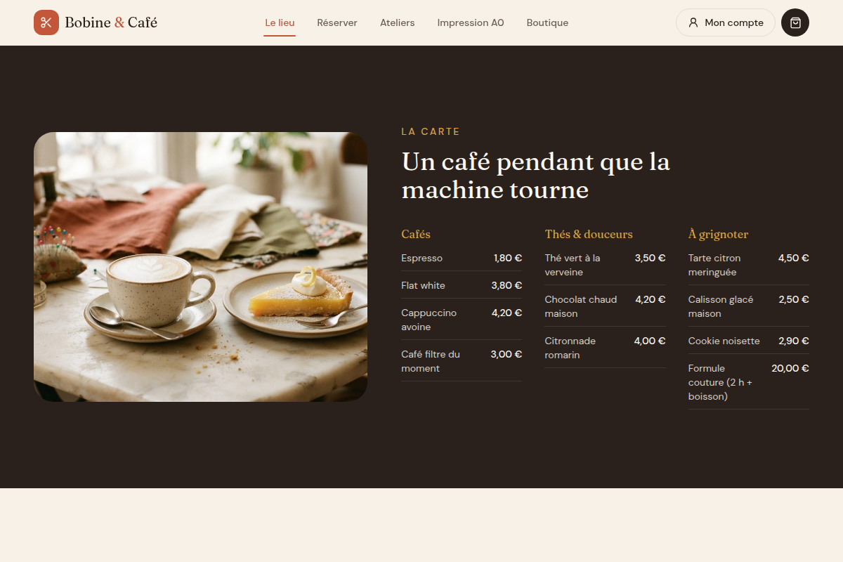 Carte du café : boissons, douceurs et formule couture
