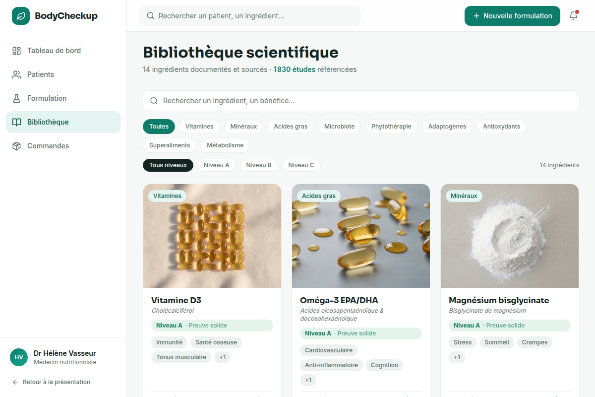 Bibliothèque d'ingrédients avec niveau de preuve