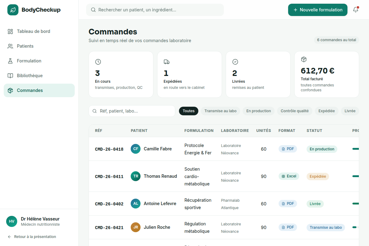 Suivi des commandes labo par statut