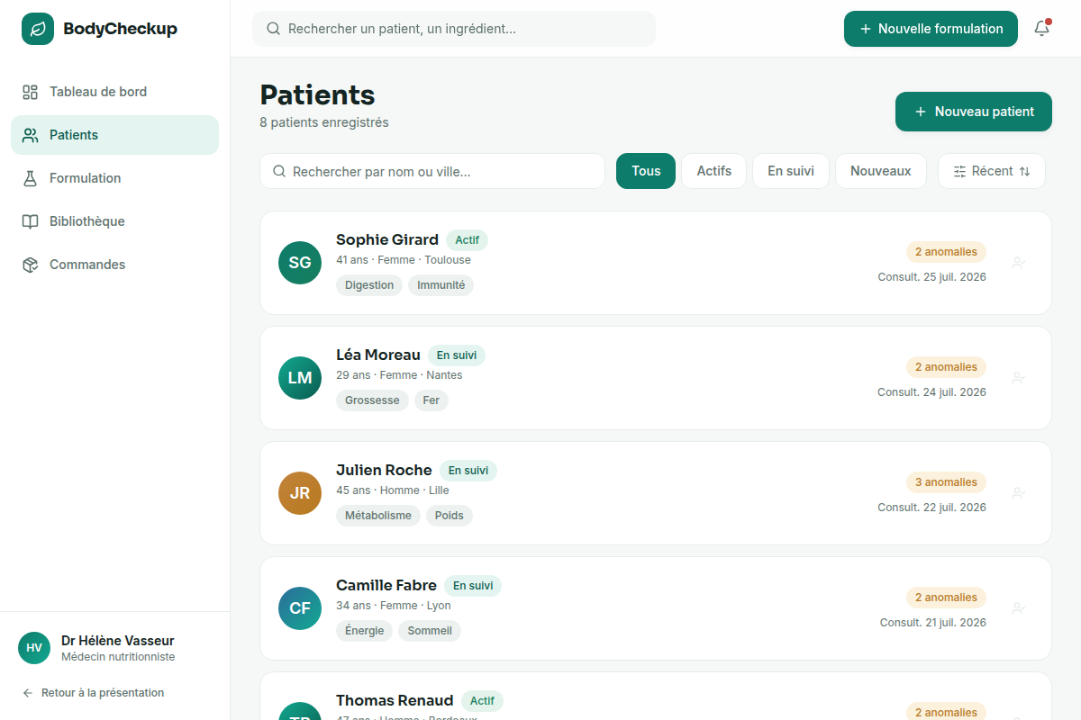 Base patients avec marqueurs biologiques à suivre