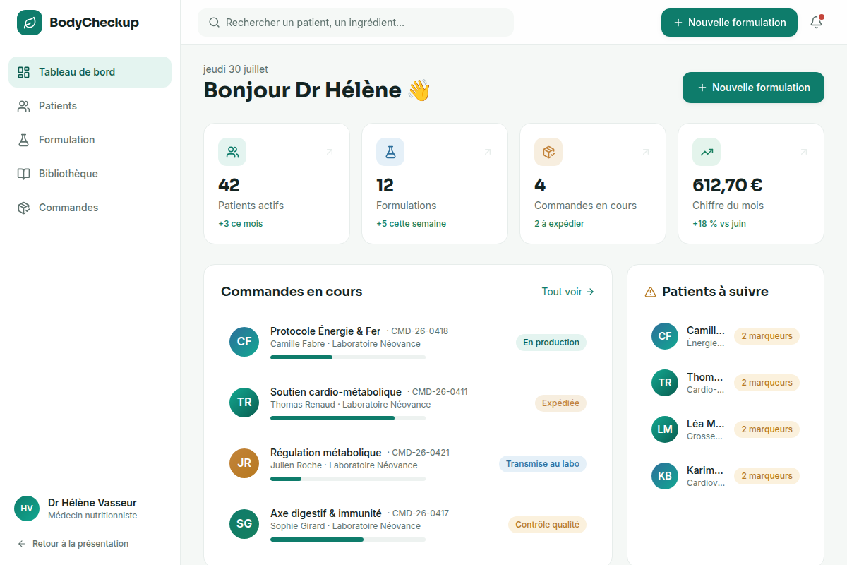 Tableau de bord : activité, commandes et patients