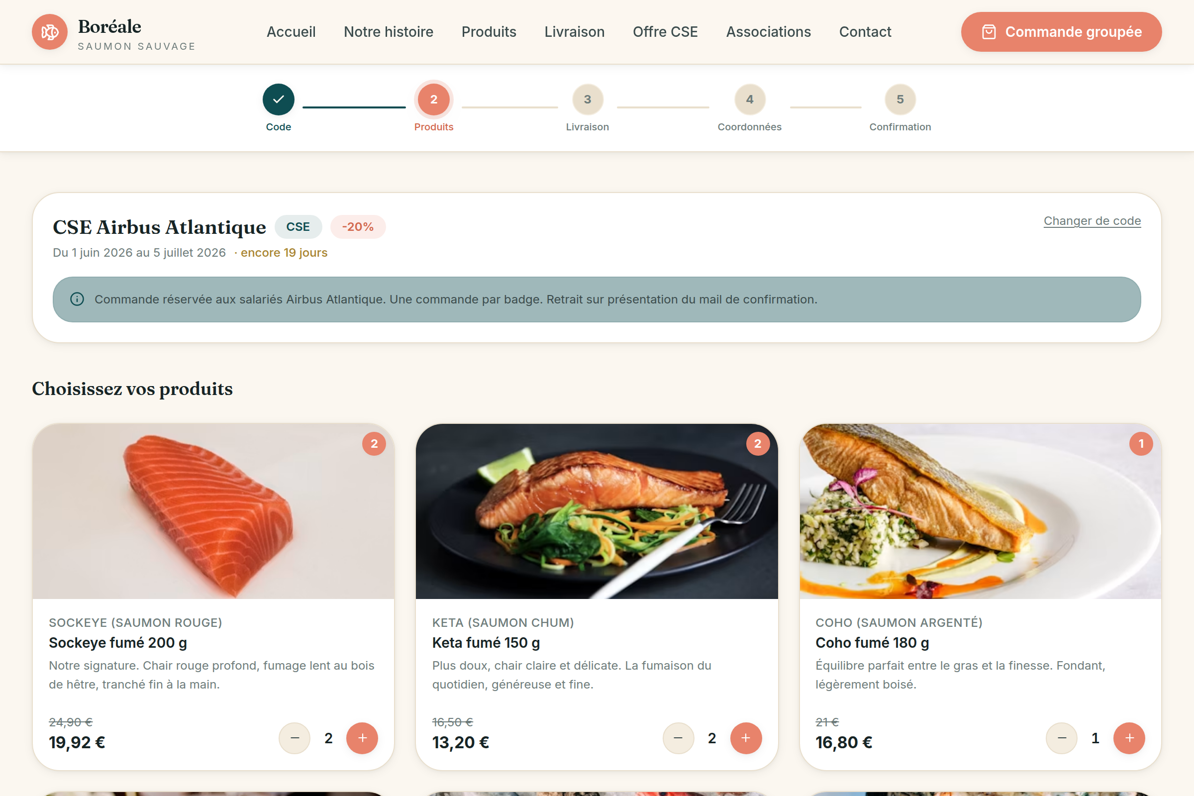Tunnel : sélection produits, panier CSE rempli