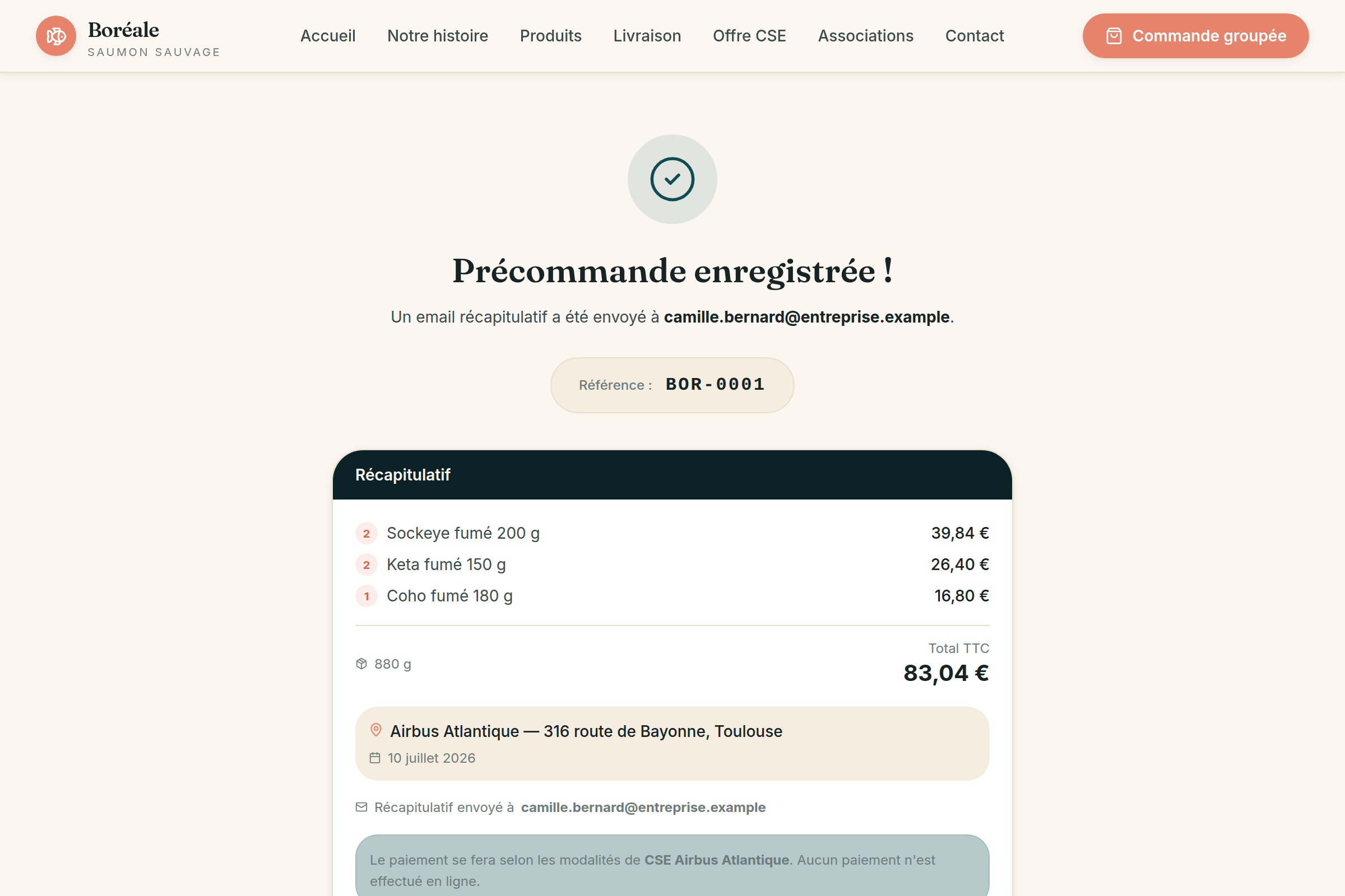 Confirmation : précommande enregistrée (BOR-0001)