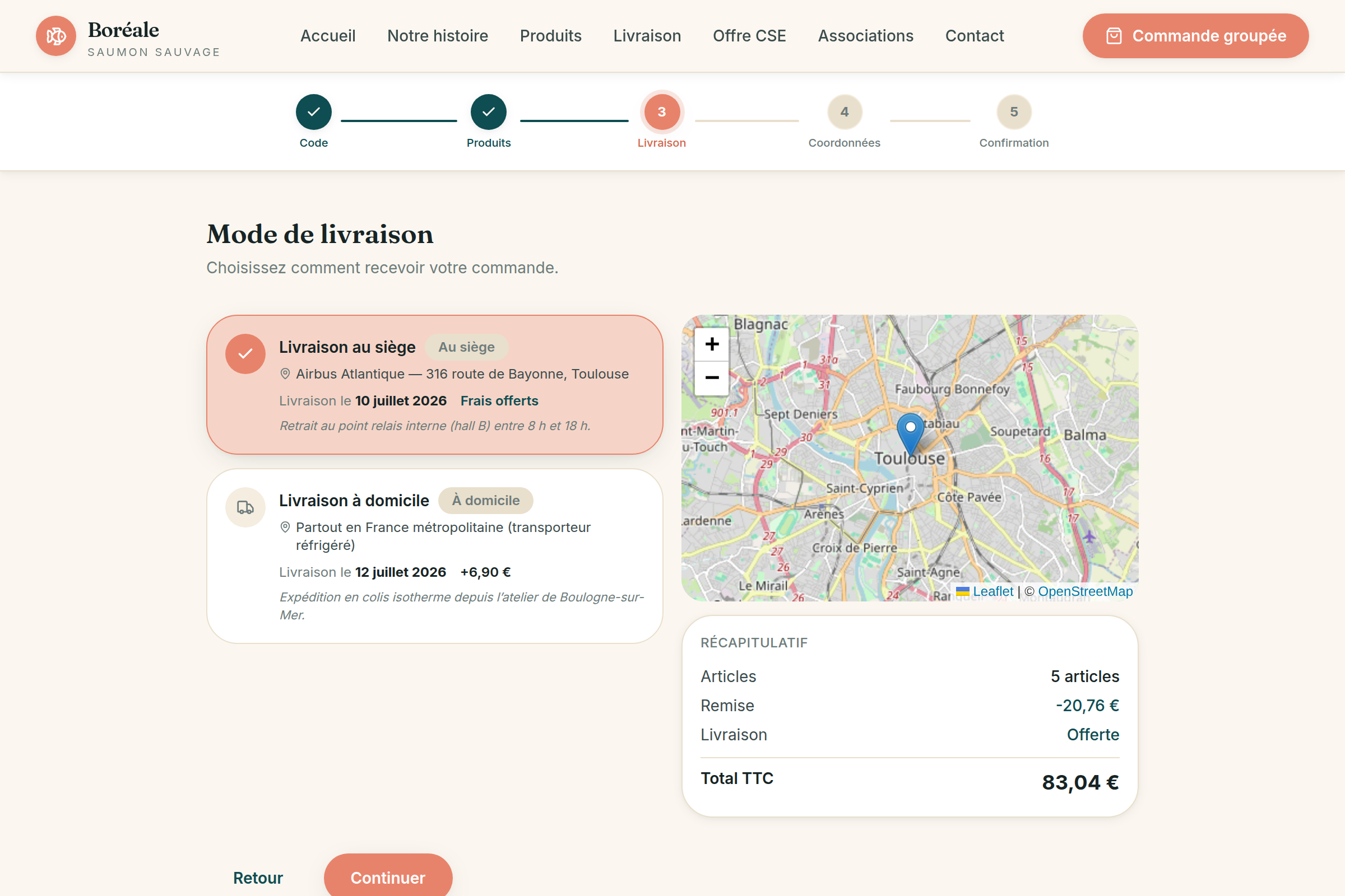 Tunnel : mode de livraison, carte et récap