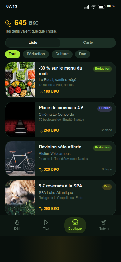 Liste des récompenses locales avec filtres par catégorie