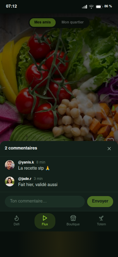 Bottom-sheet des commentaires sur un défi partagé