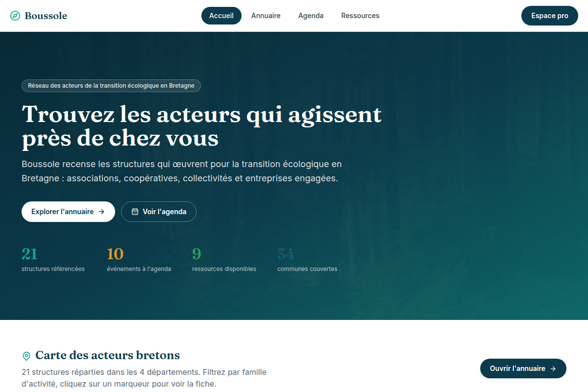 Accueil : hero, stats, aperçu carte