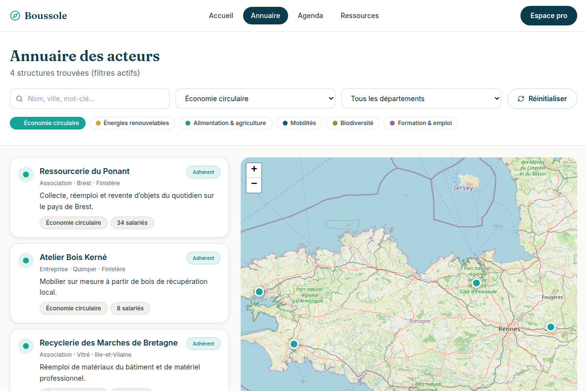 Annuaire cartographié, filtre famille actif