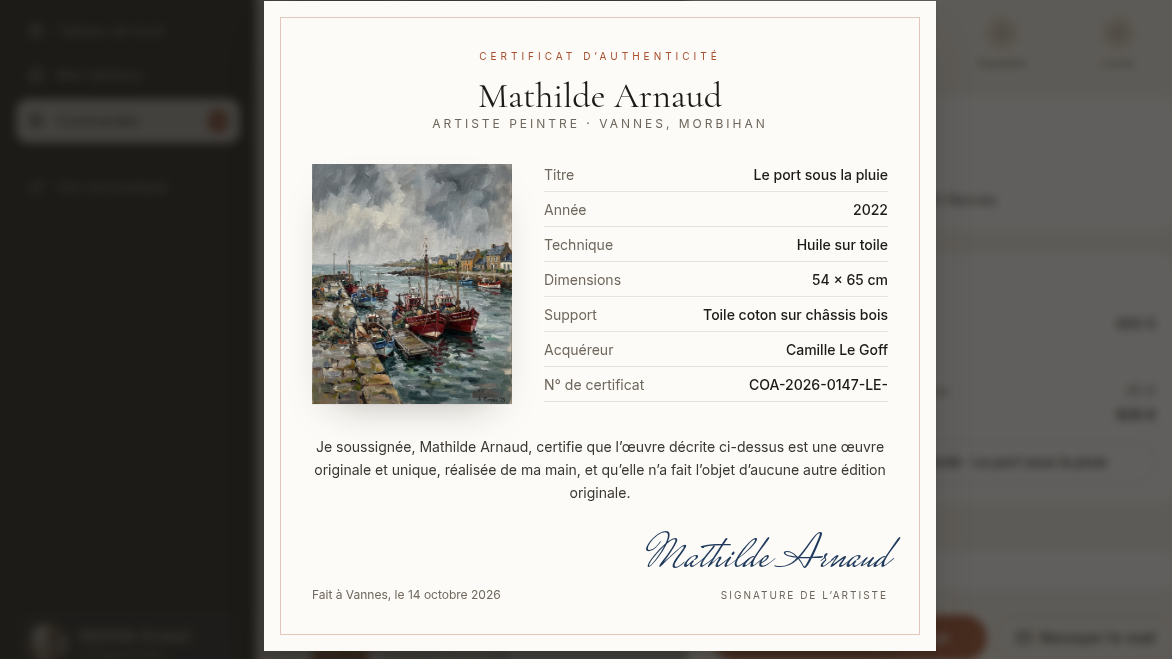 Certificat d'authenticité généré à la vente