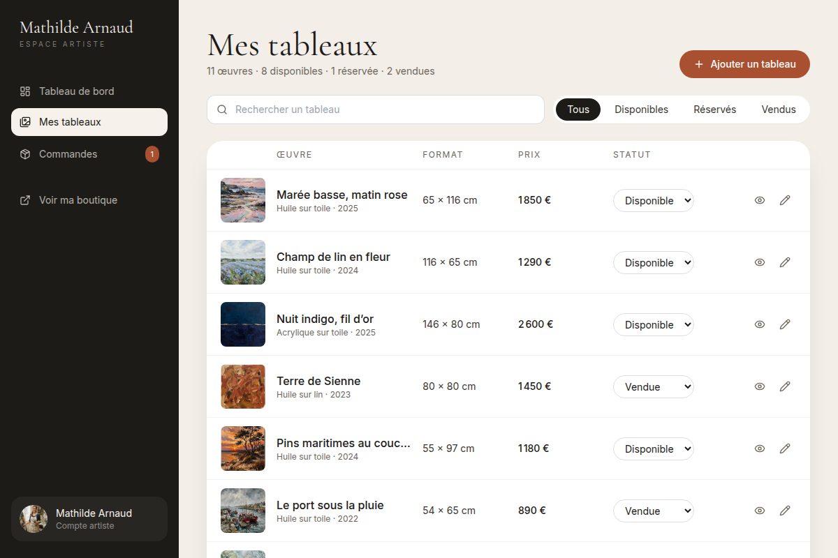 Catalogue des tableaux, prix et statut éditables