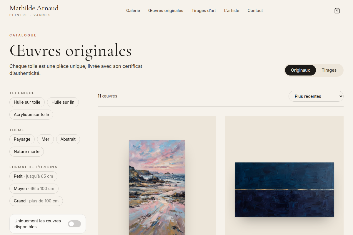 Catalogue filtrable par technique, thème et format