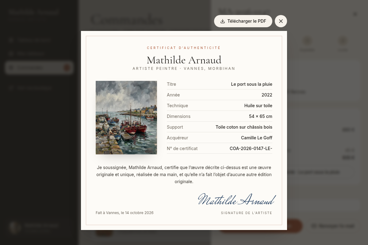 Certificat d'authenticité signé, prêt en PDF