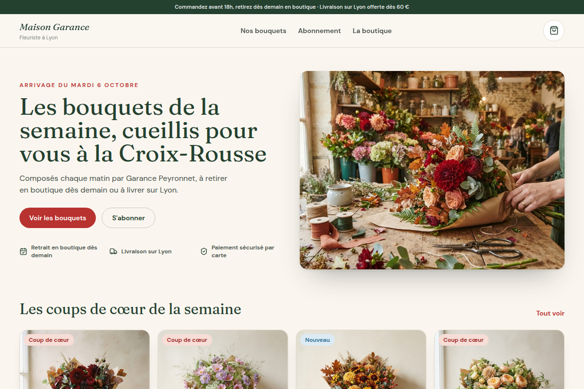 Accueil : bouquets de la semaine et retrait ou livraison