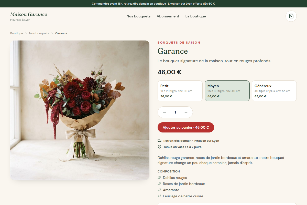 Fiche bouquet : taille, quantité, composition