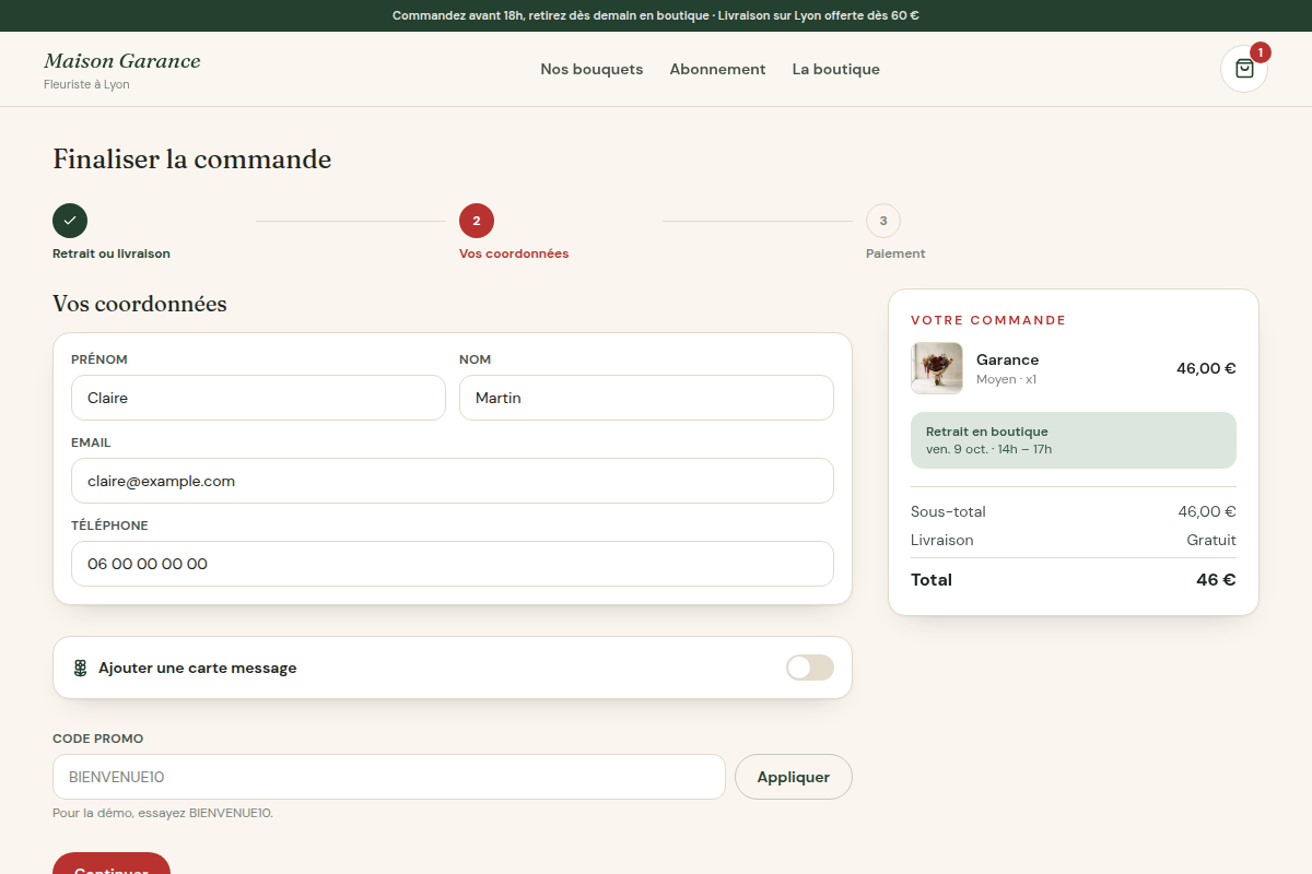 Coordonnées, créneau et récapitulatif de la commande