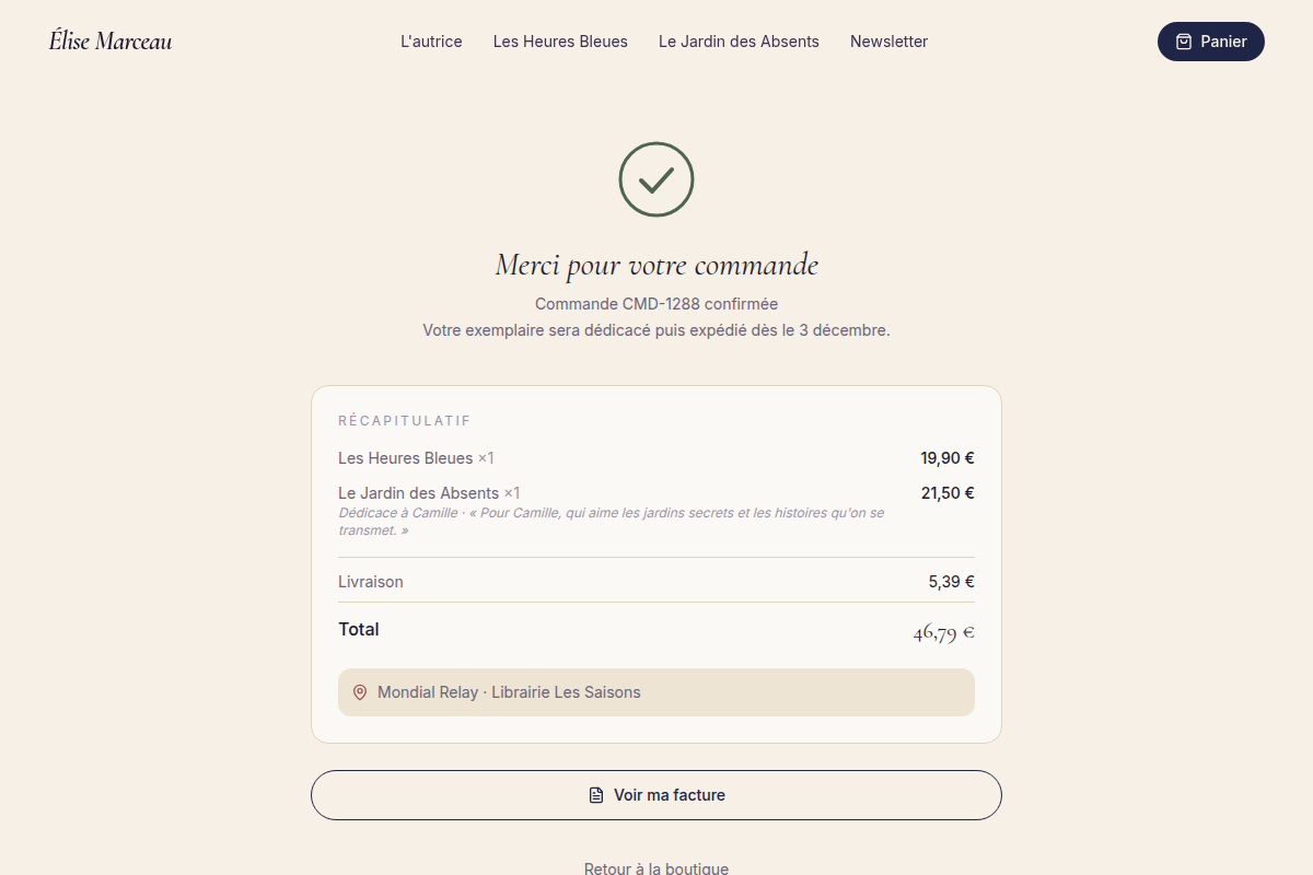 Confirmation avec récapitulatif et facture