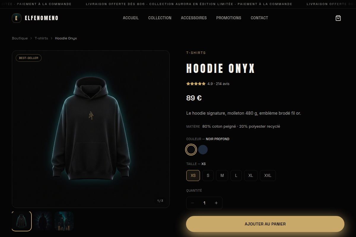 Fiche Hoodie Onyx : galerie, tailles, coloris