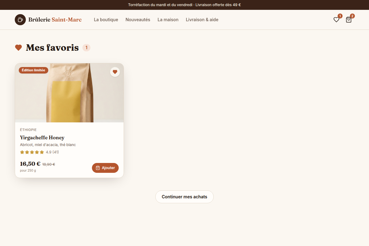 Liste des favoris avec produit enregistré