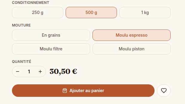 Sélecteur de variantes avec prix recalculé